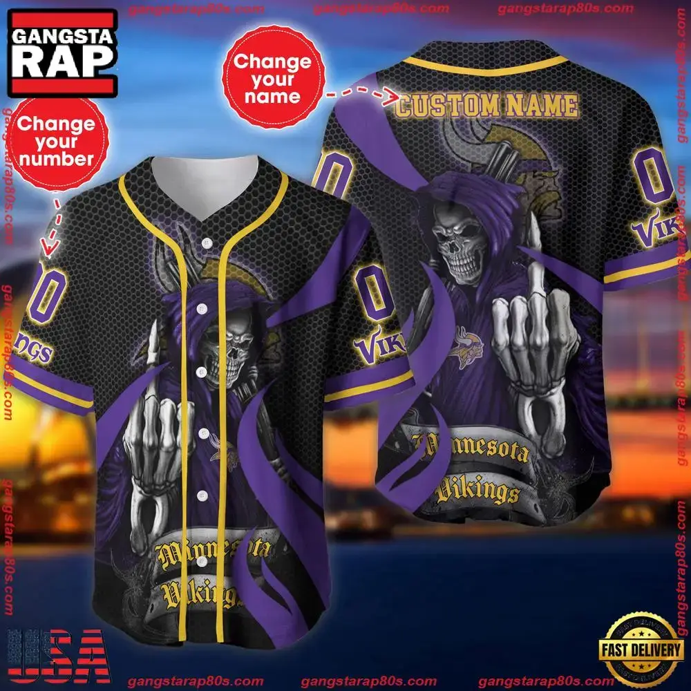 NFL Custom Name Number Minnesota Vikings Skull Death Baseball Jersey Shirt Image