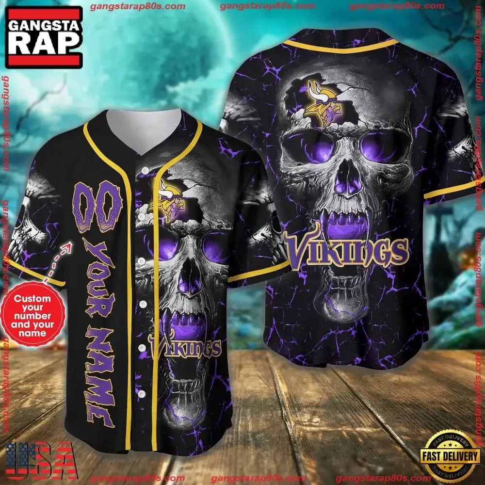 NFL Custom Name Number Minnesota Vikings Skull Face Baseball Jersey Shirt Image
