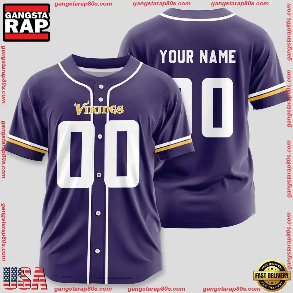 NFL Custom Name Number Minnesota Vikings Team Baseball Jersey Shirt Image