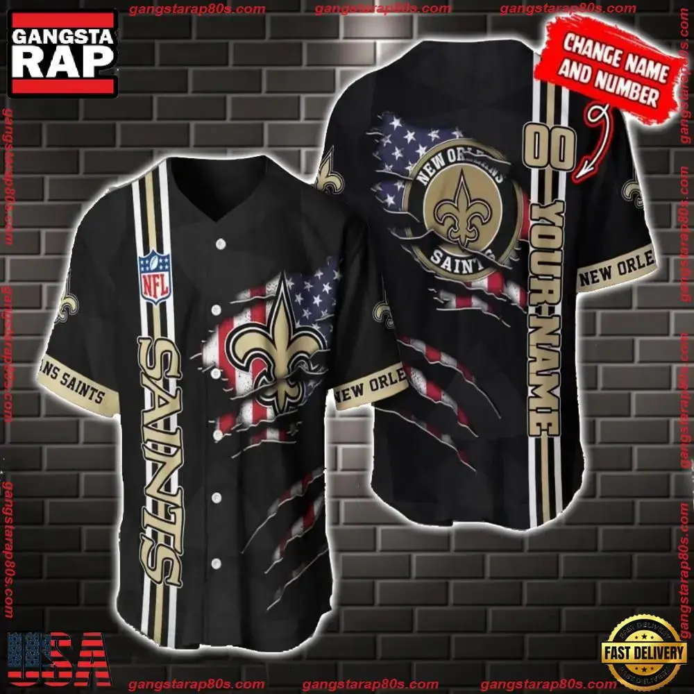 NFL Custom Name Number New Orleans Saints America Flag New Design Baseball Jersey Shirt Gift For Fans Image