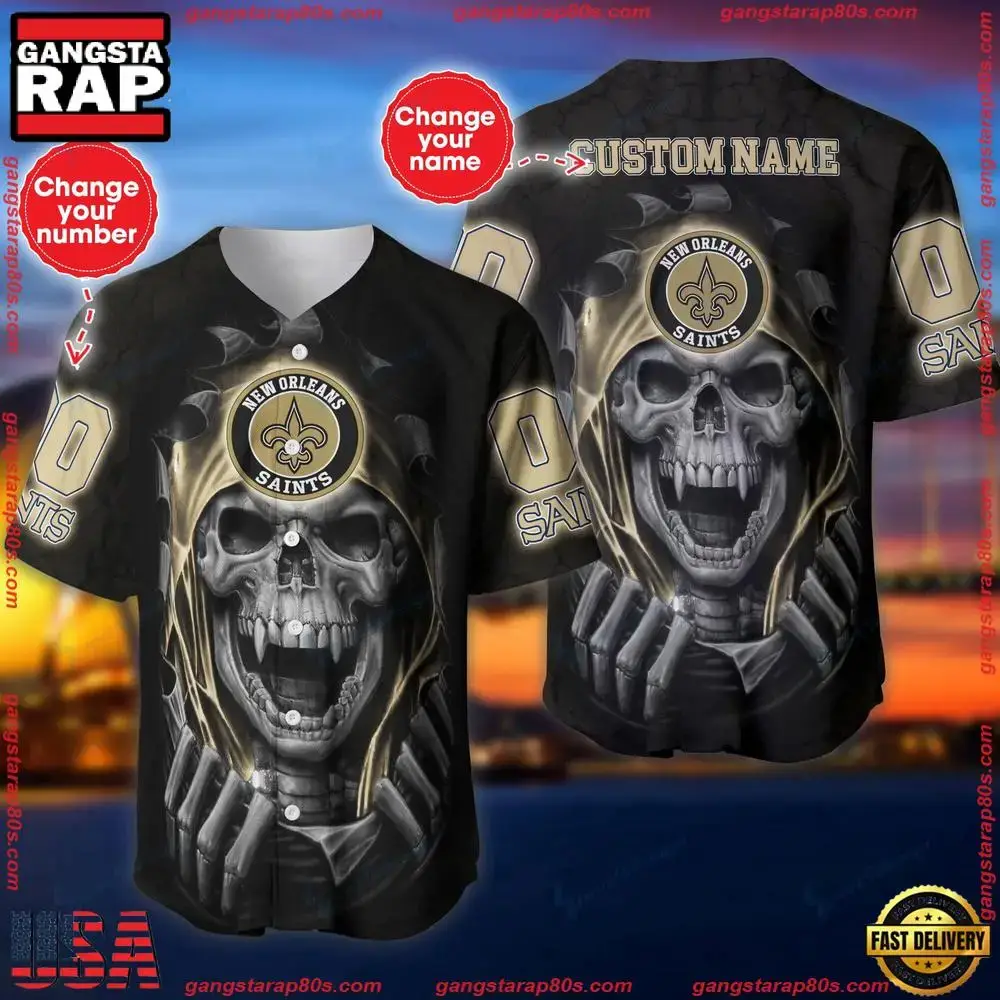 NFL Custom Name Number New Orleans Saints Skull Baseball Jersey Shirt Image