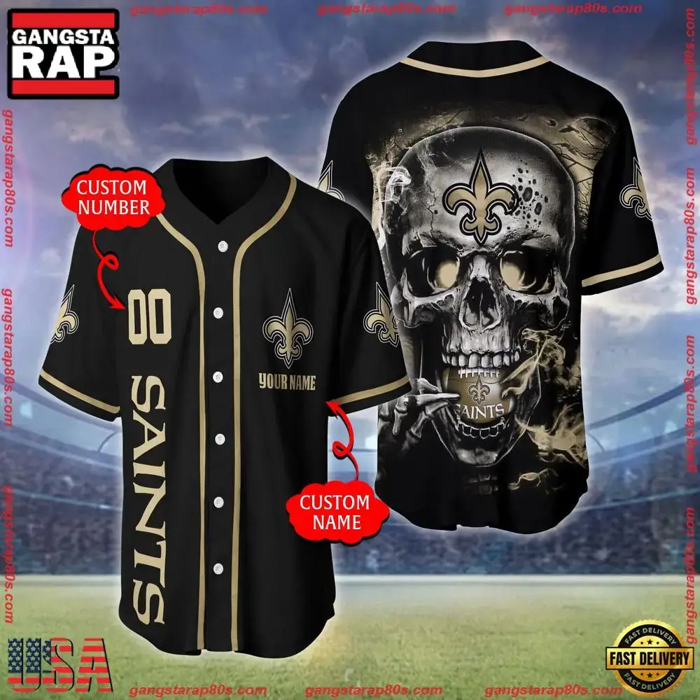NFL Custom Name Number New Orleans Saints Skull Face Baseball Jersey Shirt Image