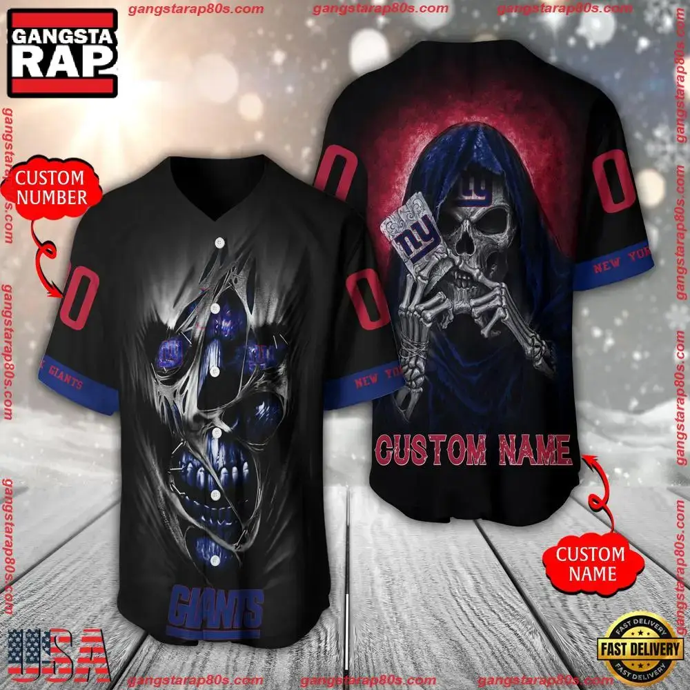 NFL Custom Name Number New York Giants Team Skull Death Baseball Jersey Shirt Image