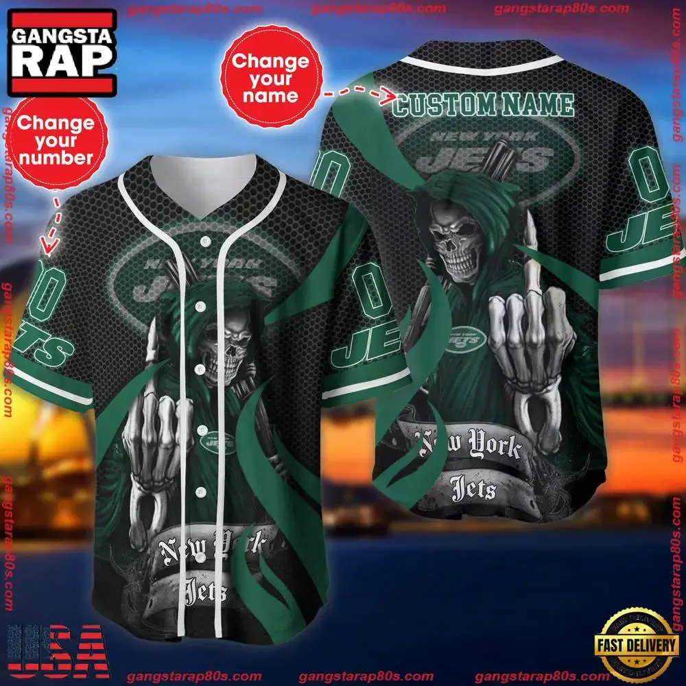 NFL Custom Name Number New York Jets Skull Death Baseball Jersey Shirt Image