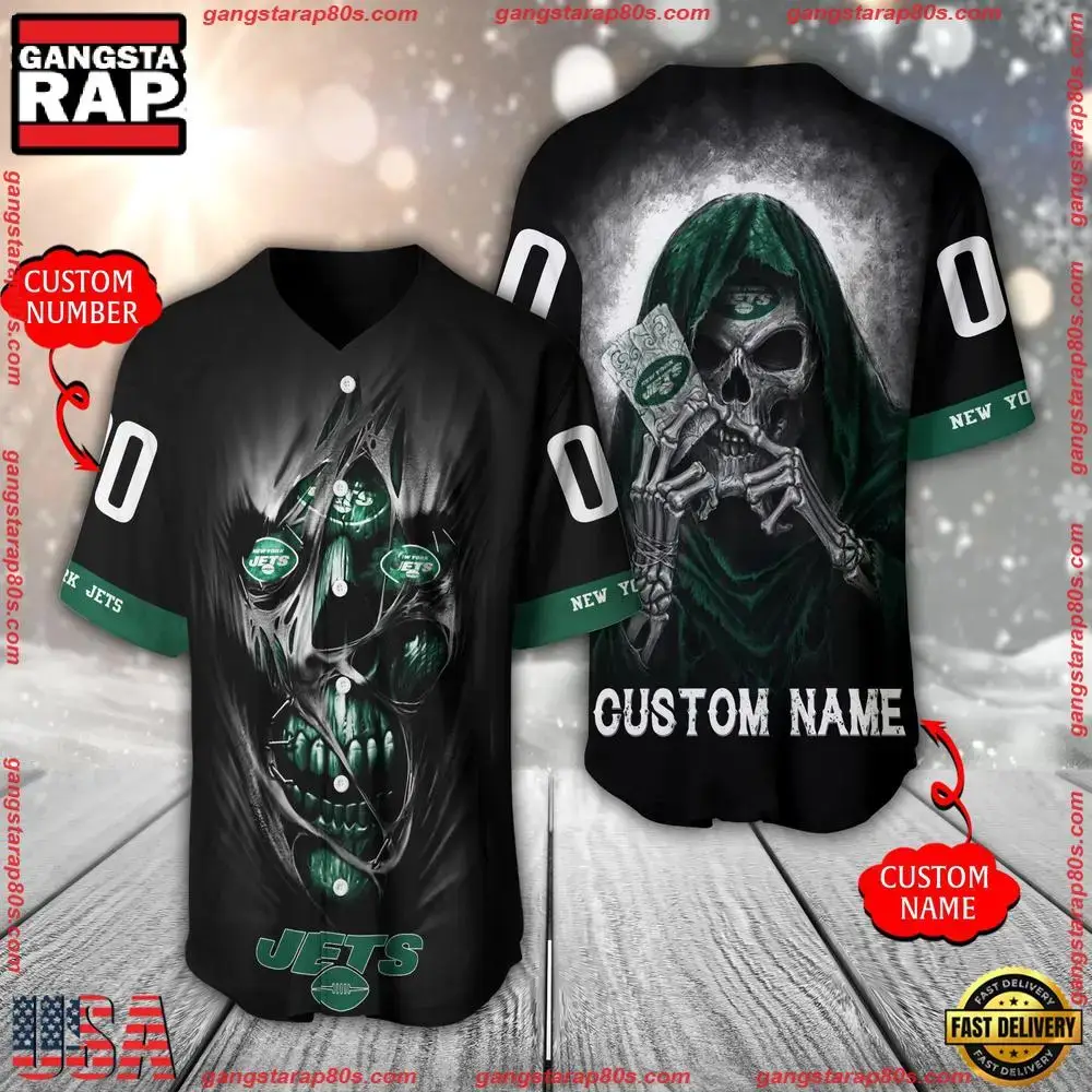 NFL Custom Name Number New York Jets Team Skull Death Baseball Jersey Shirt Image