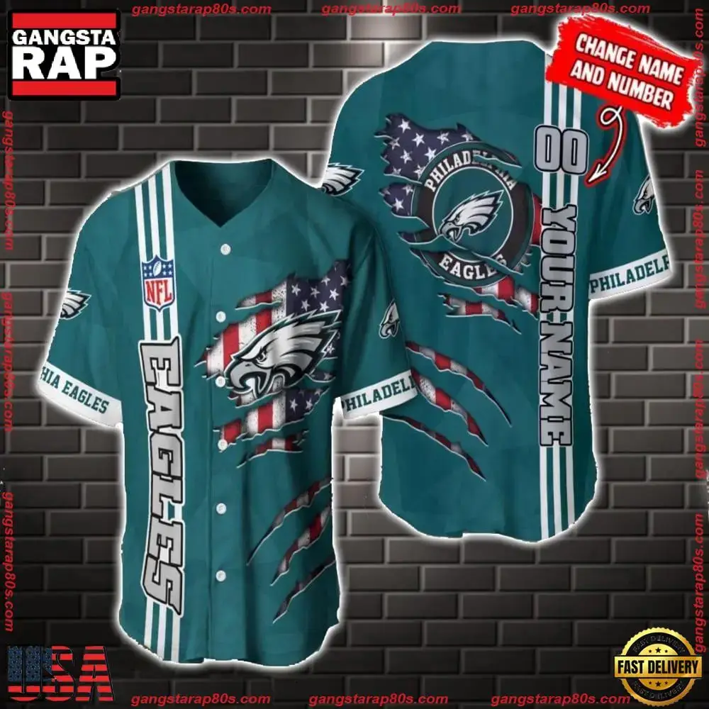NFL Custom Name Number Philadelphia Eagles America Flag New Design Baseball Jersey Shirt Gift For Fans Image