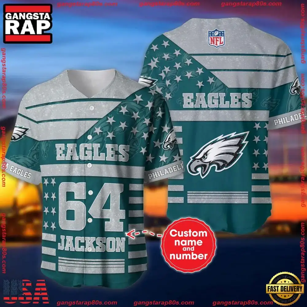 NFL Custom Name Number Philadelphia Eagles American Flag New Design Baseball Jersey Shirt Image