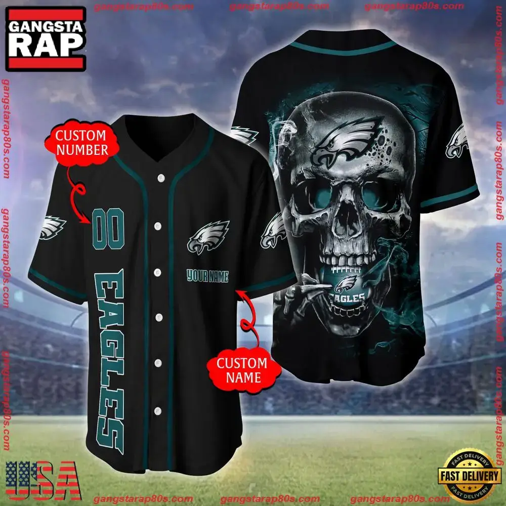 NFL Custom Name Number Philadelphia Eagles Skull Face Baseball Jersey Shirt Image