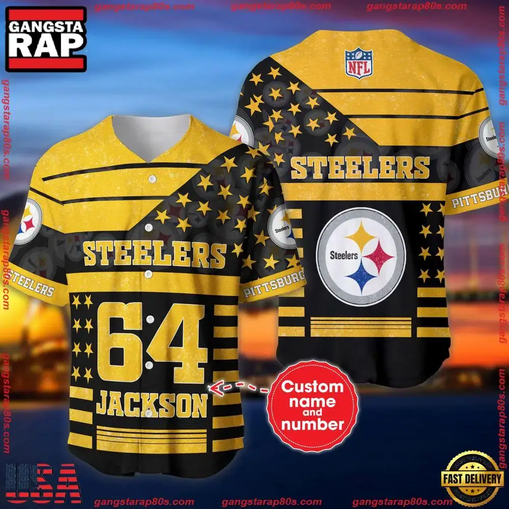 NFL Custom Name Number Pittsburgh Steelers American Flag New Design Baseball Jersey Shirt Image