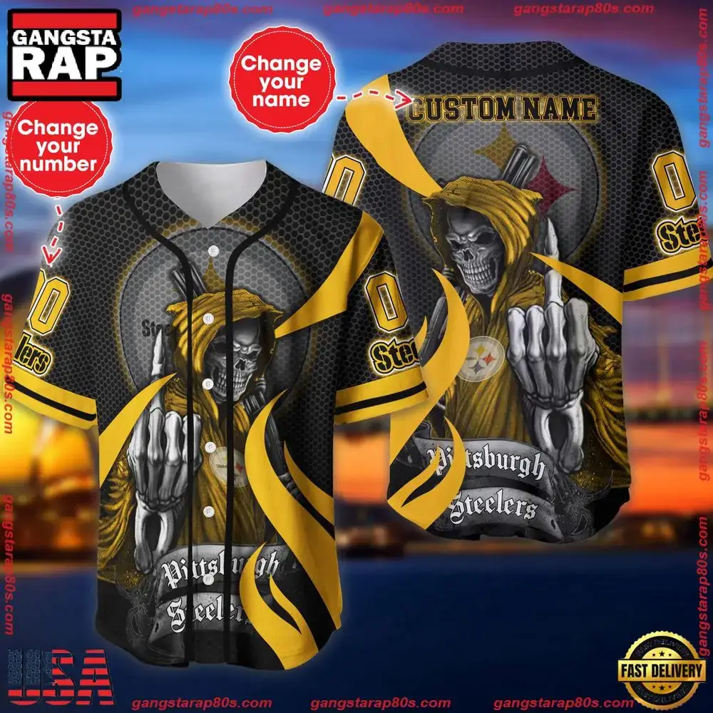 NFL Custom Name Number Pittsburgh Steelers Skull Death Baseball Jersey Shirt Image