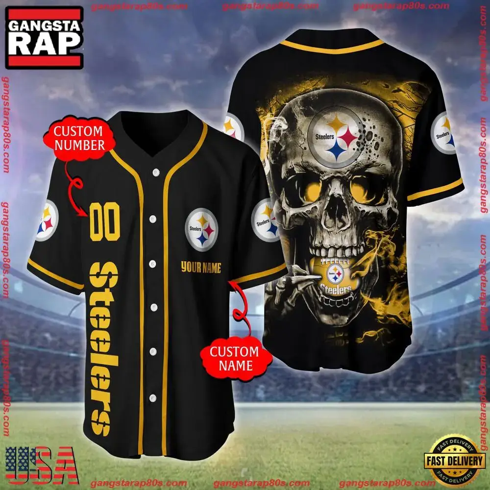 NFL Custom Name Number Pittsburgh Steelers Skull Face Baseball Jersey Shirt Image