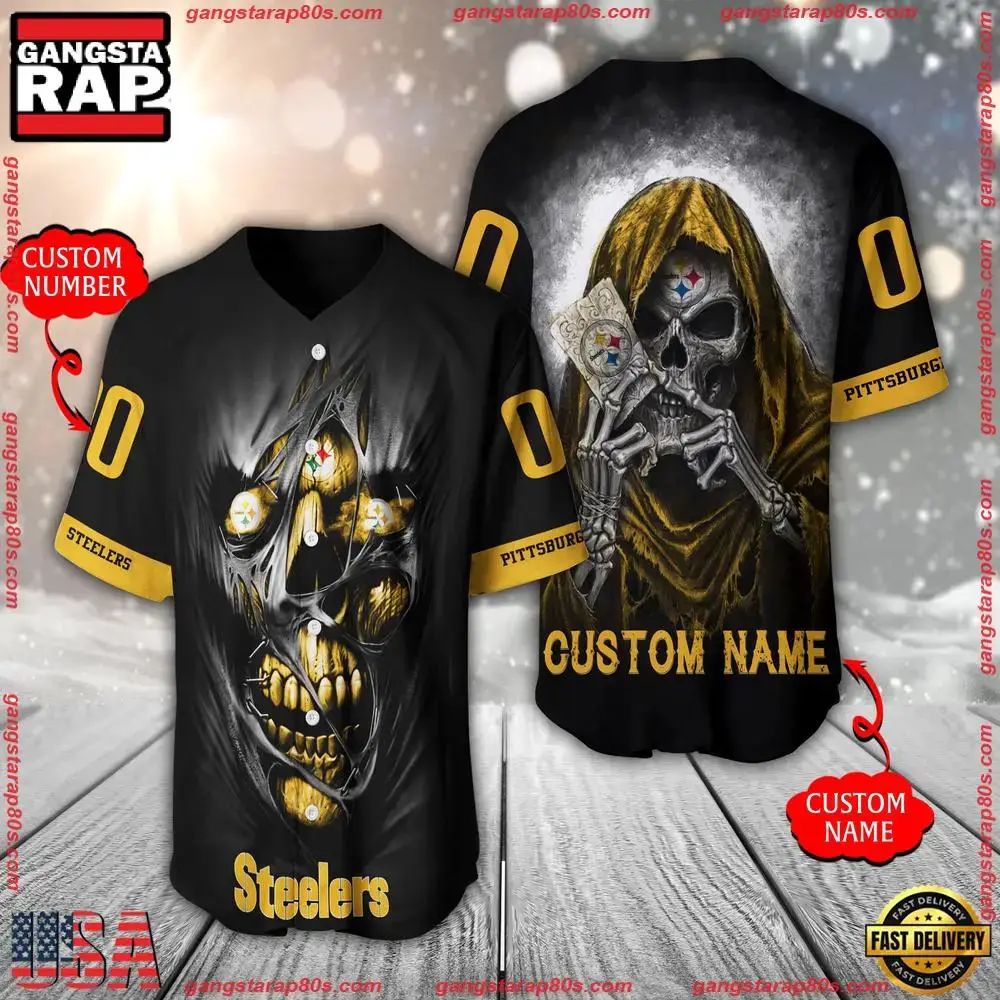 NFL Custom Name Number Pittsburgh Steelers Team Skull Death Baseball Jersey Shirt Image