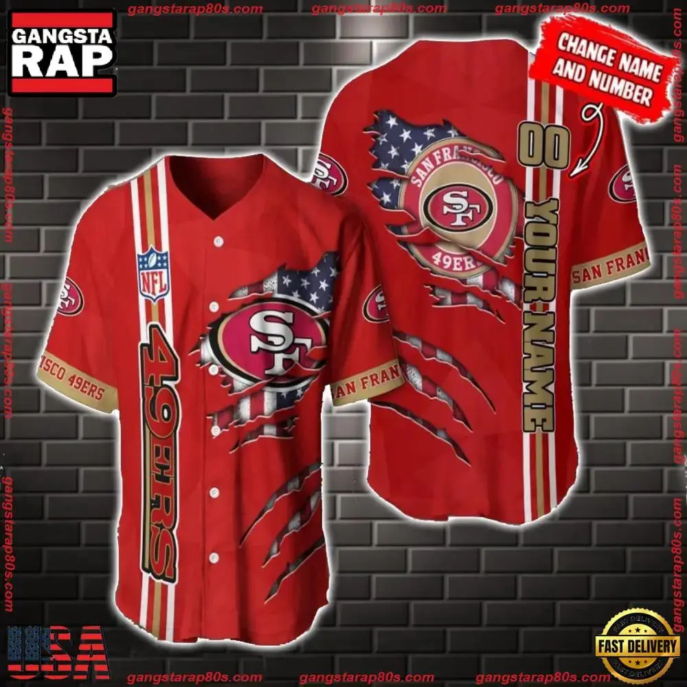 NFL Custom Name Number San Francisco 49ers America Flag New Design Baseball Jersey Shirt Gift For Fans Image