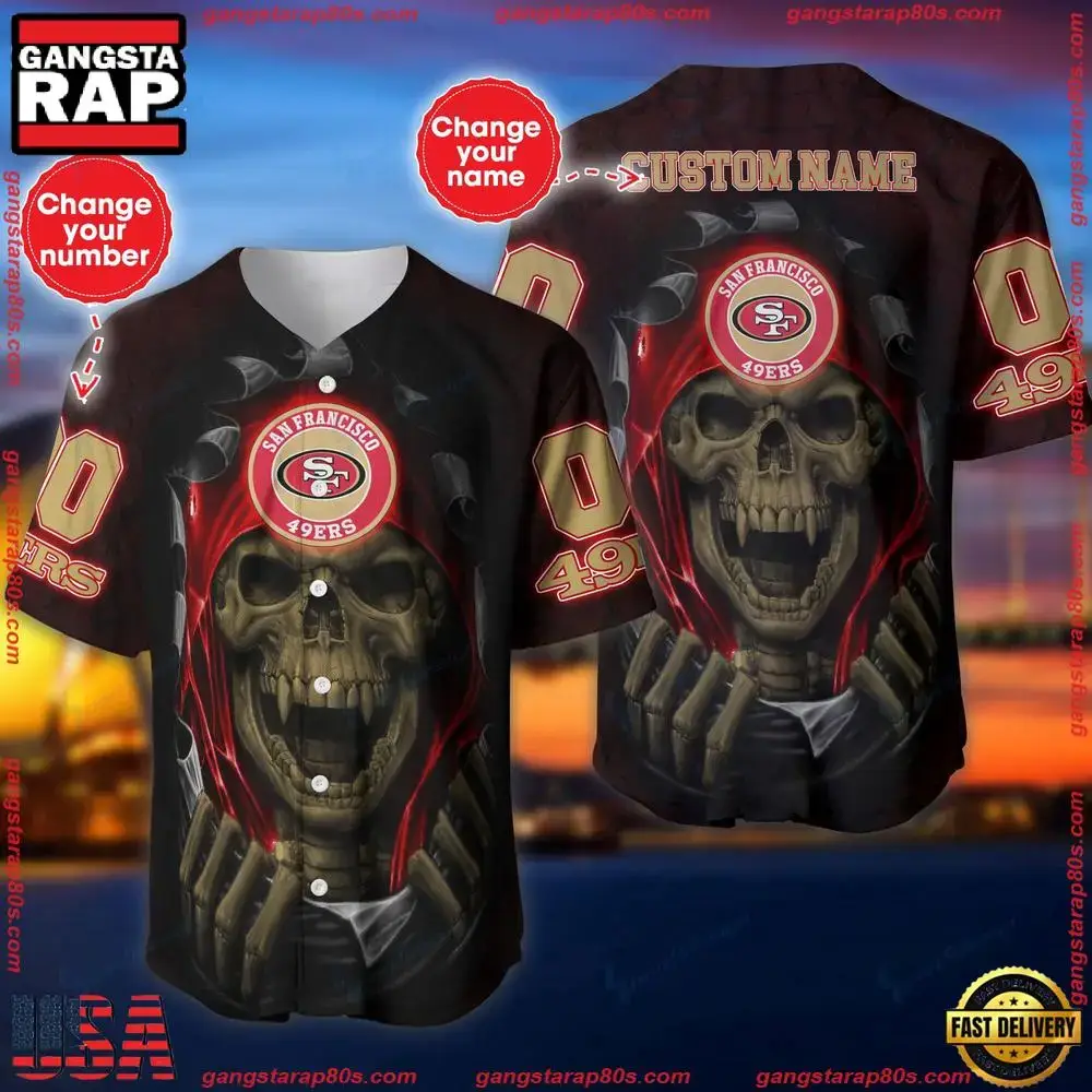 NFL Custom Name Number San Francisco 49ers Skull Baseball Jersey Shirt Image