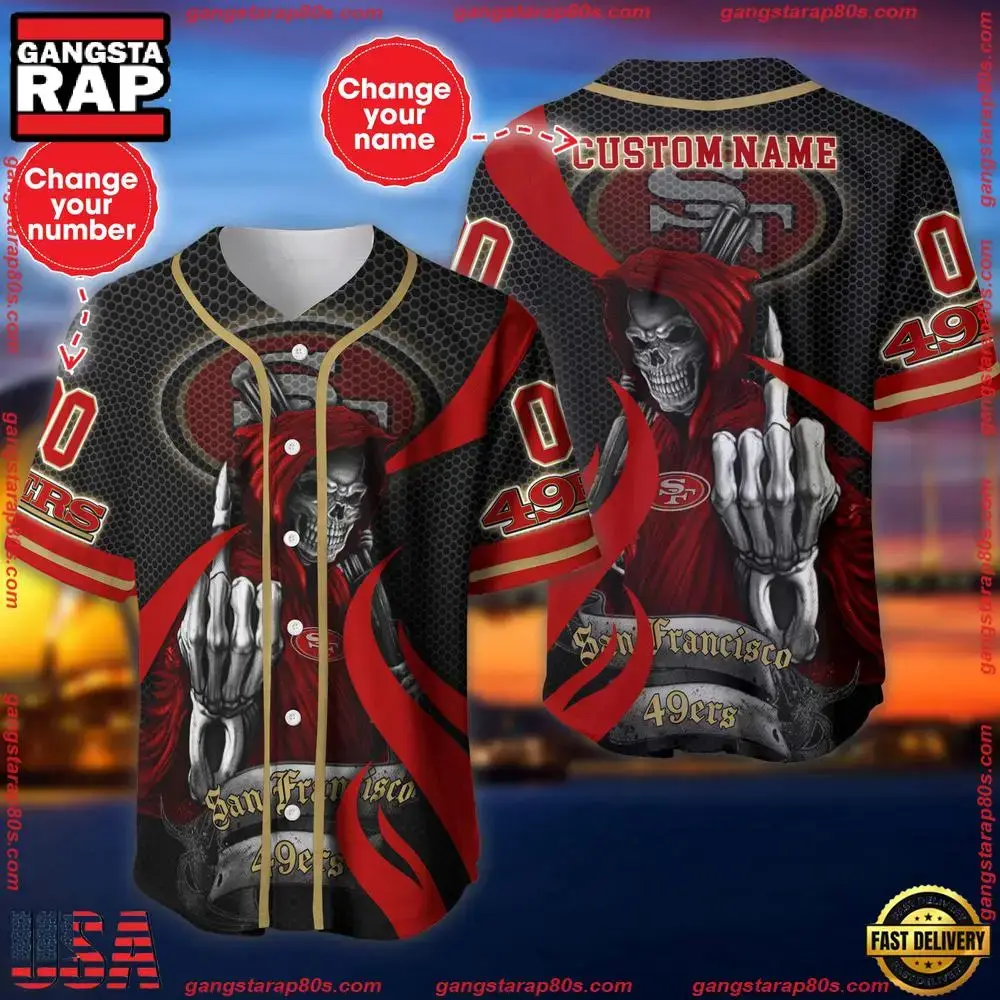 NFL Custom Name Number San Francisco 49ers Skull Death Baseball Jersey Shirt Image