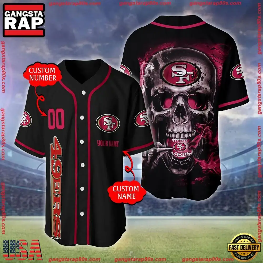 NFL Custom Name Number San Francisco 49ers Skull Face Baseball Jersey Shirt Image