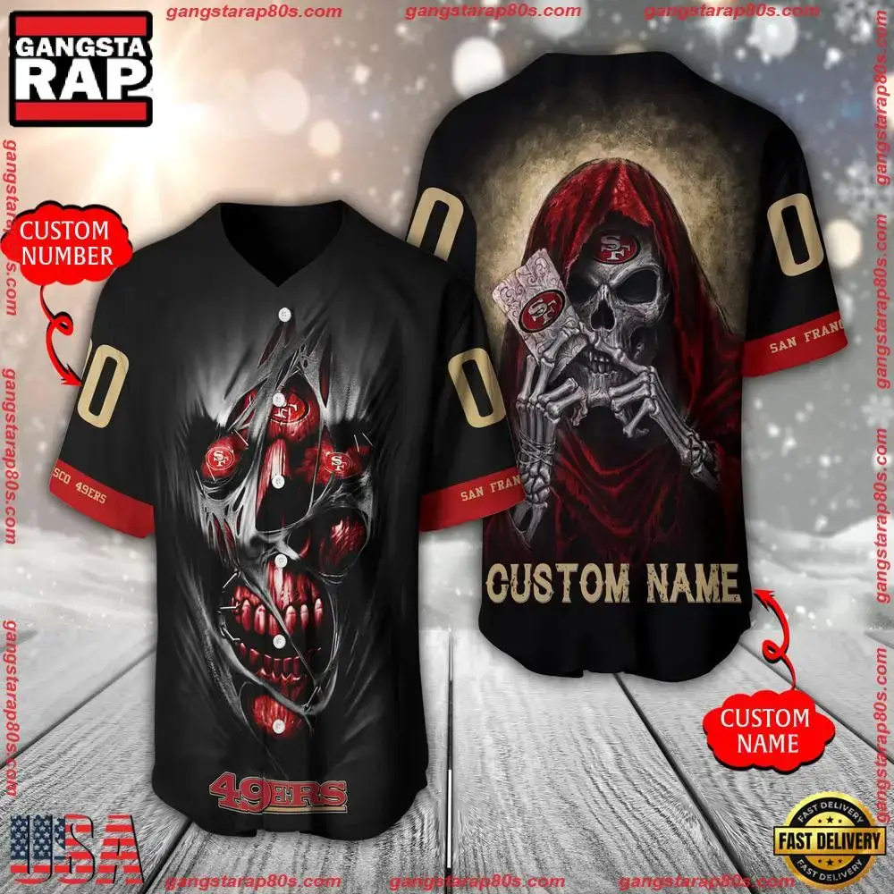 NFL Custom Name Number San Francisco 49ers Team Skull Death Baseball Jersey Shirt Image