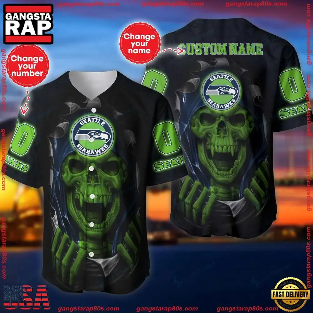 NFL Custom Name Number Seattle Seahawks Skull Baseball Jersey Shirt Image