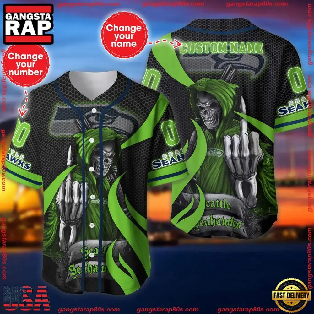 NFL Custom Name Number Seattle Seahawks Skull Death Baseball Jersey Shirt Image