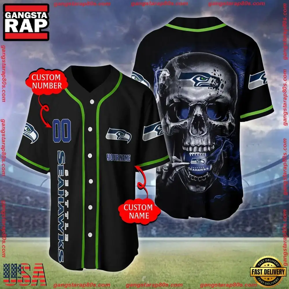 NFL Custom Name Number Seattle Seahawks Skull Face Baseball Jersey Shirt Image