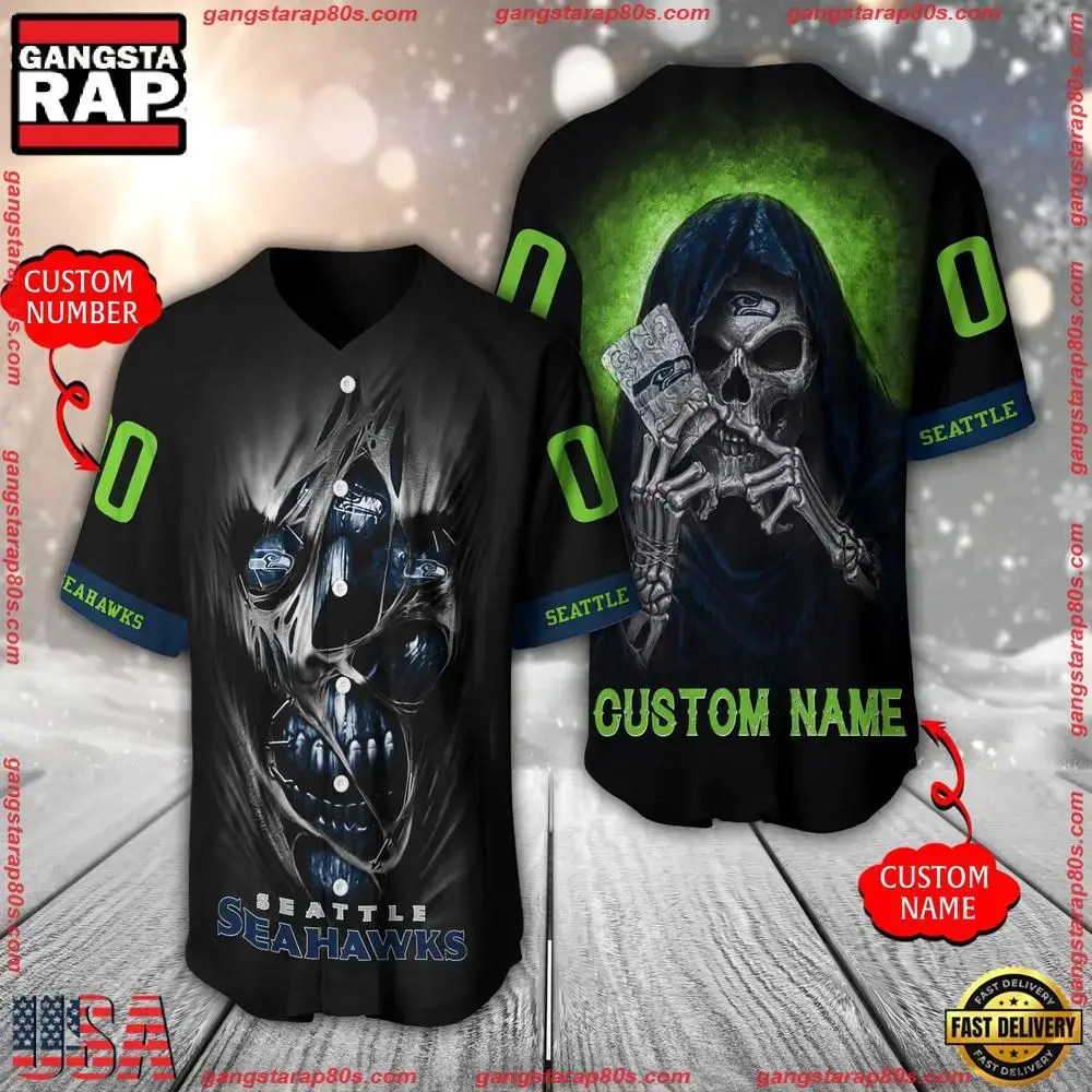 NFL Custom Name Number Seattle Seahawks Team Skull Death Baseball Jersey Shirt Image