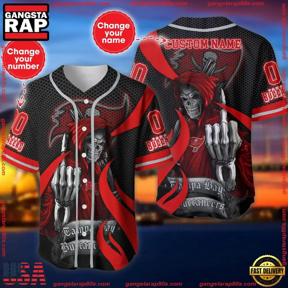 NFL Custom Name Number Tampa Bay Buccaneers Skull Death Baseball Jersey Shirt Image