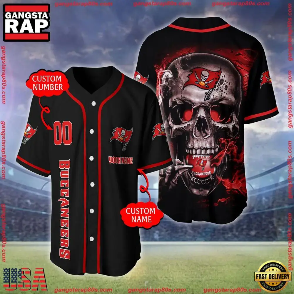 NFL Custom Name Number Tampa Bay Buccaneers Skull Face Baseball Jersey Shirt Image