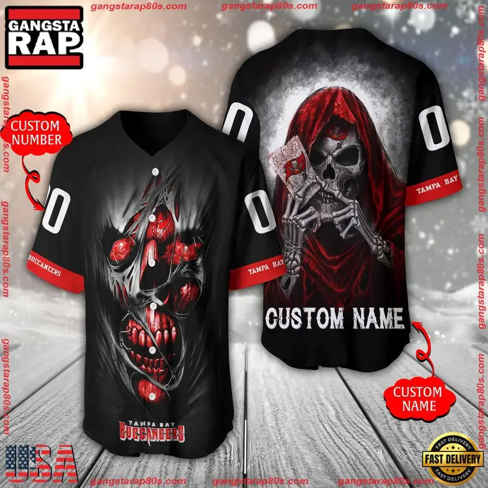 NFL Custom Name Number Tampa Bay Buccaneers Team Skull Death Baseball Jersey Shirt Image