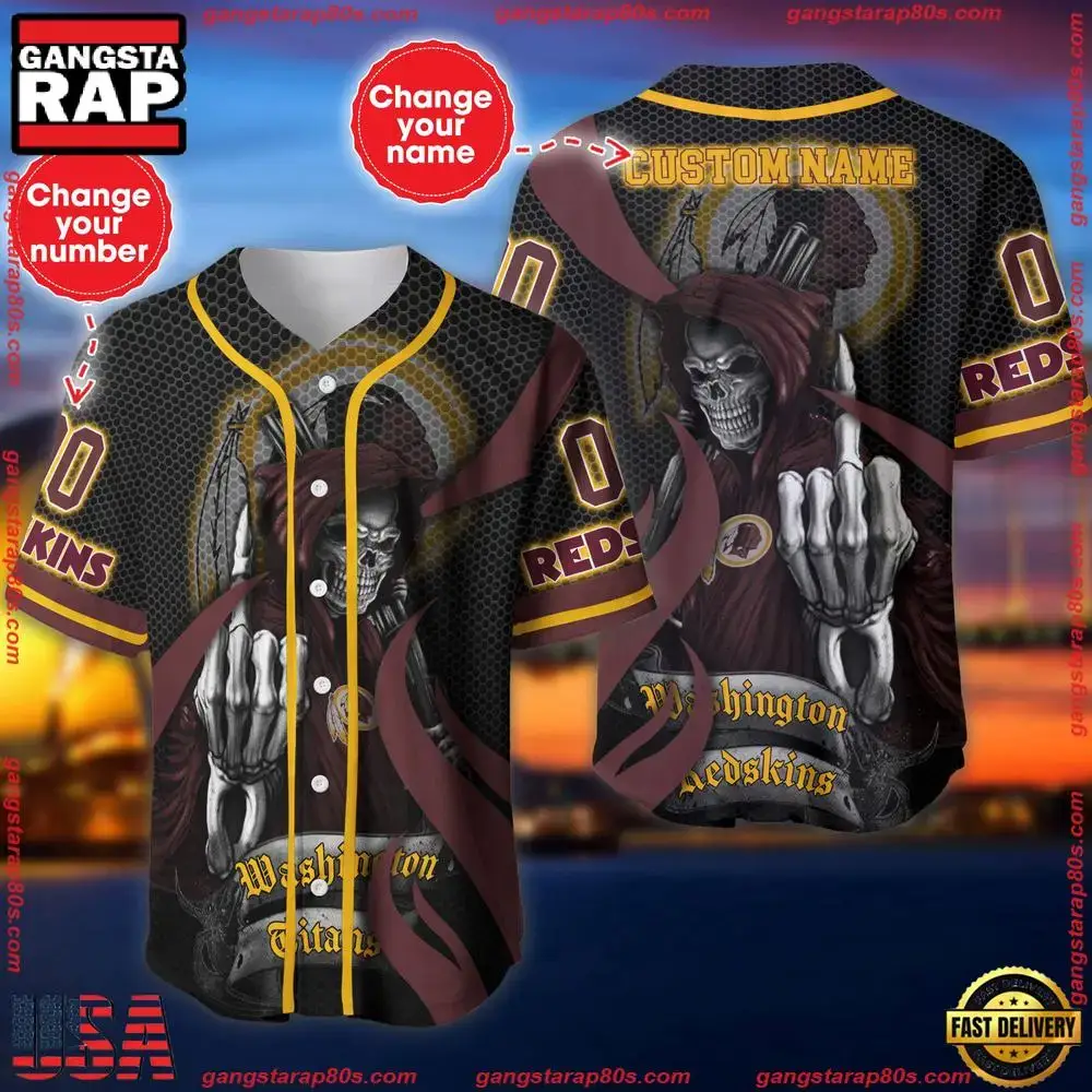 NFL Custom Name Number Washington Commanders Skull Death Baseball Jersey Shirt Image