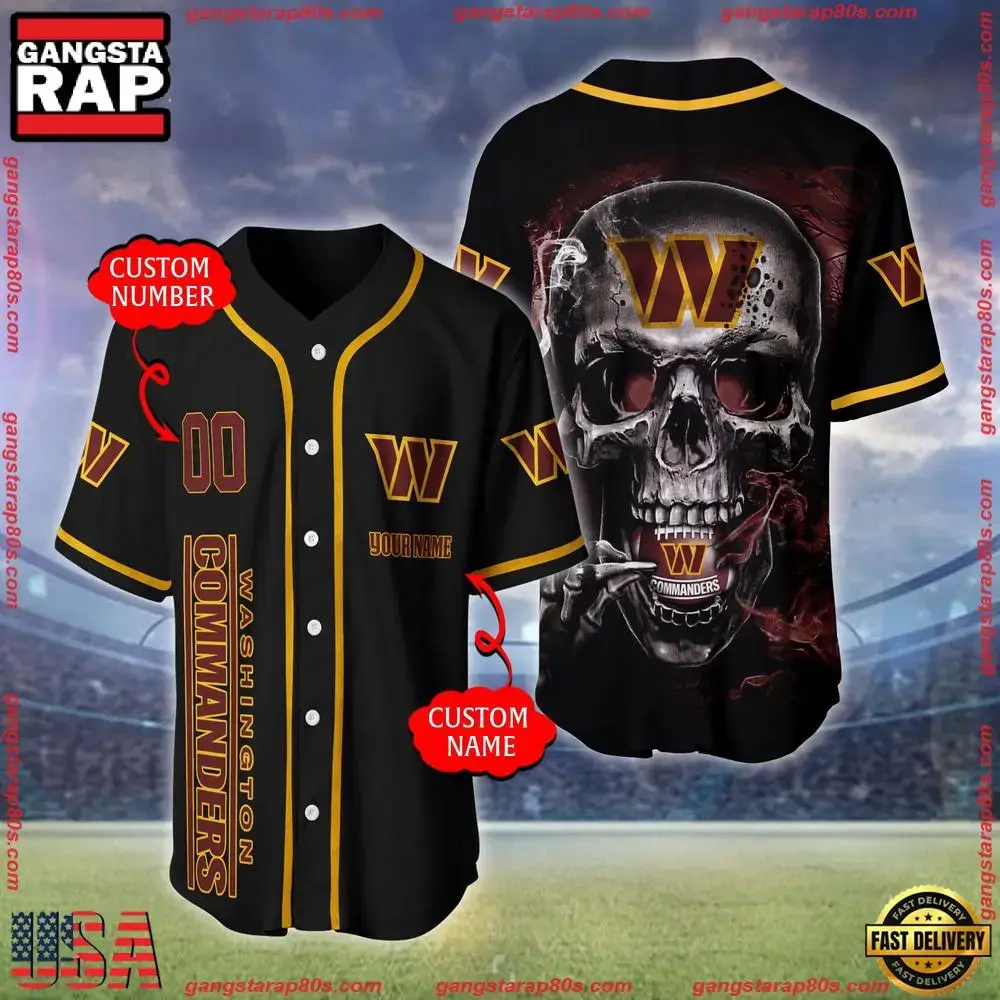 NFL Custom Name Number Washington Commanders Skull Face Baseball Jersey Shirt Image