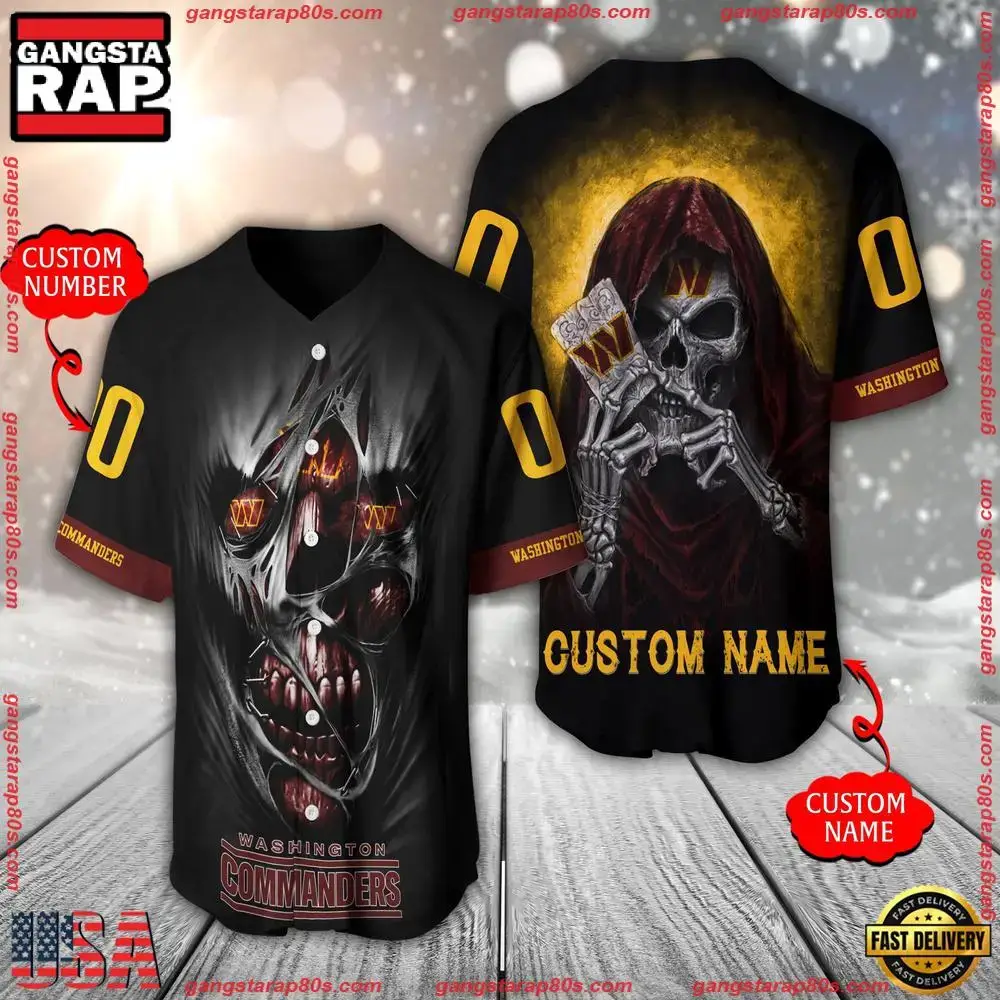 NFL Custom Name Number Washington Commanders Team Skull Death Baseball Jersey Shirt Image
