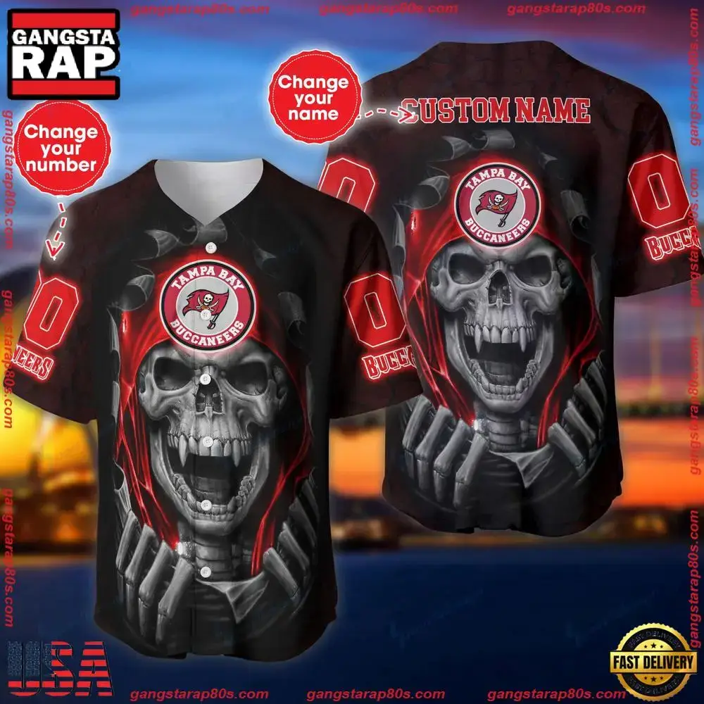 NFL Custom Name NumberTampa Bay Buccaneers Skull Baseball Jersey Shirt Image