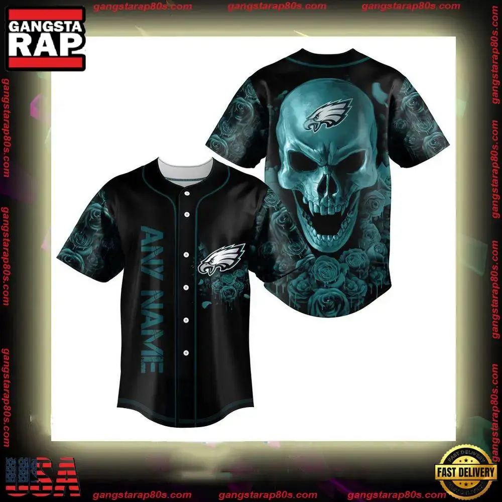 NFL Custom Name Philadelphia Eagles Football Skull Baseball Jersey Shirt Image