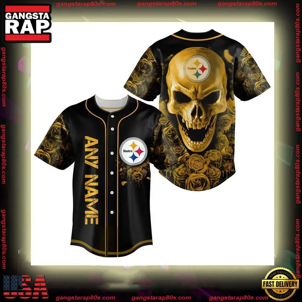 NFL Custom Name Pittsburgh Steelers Football Skull Baseball Jersey Shirt Image
