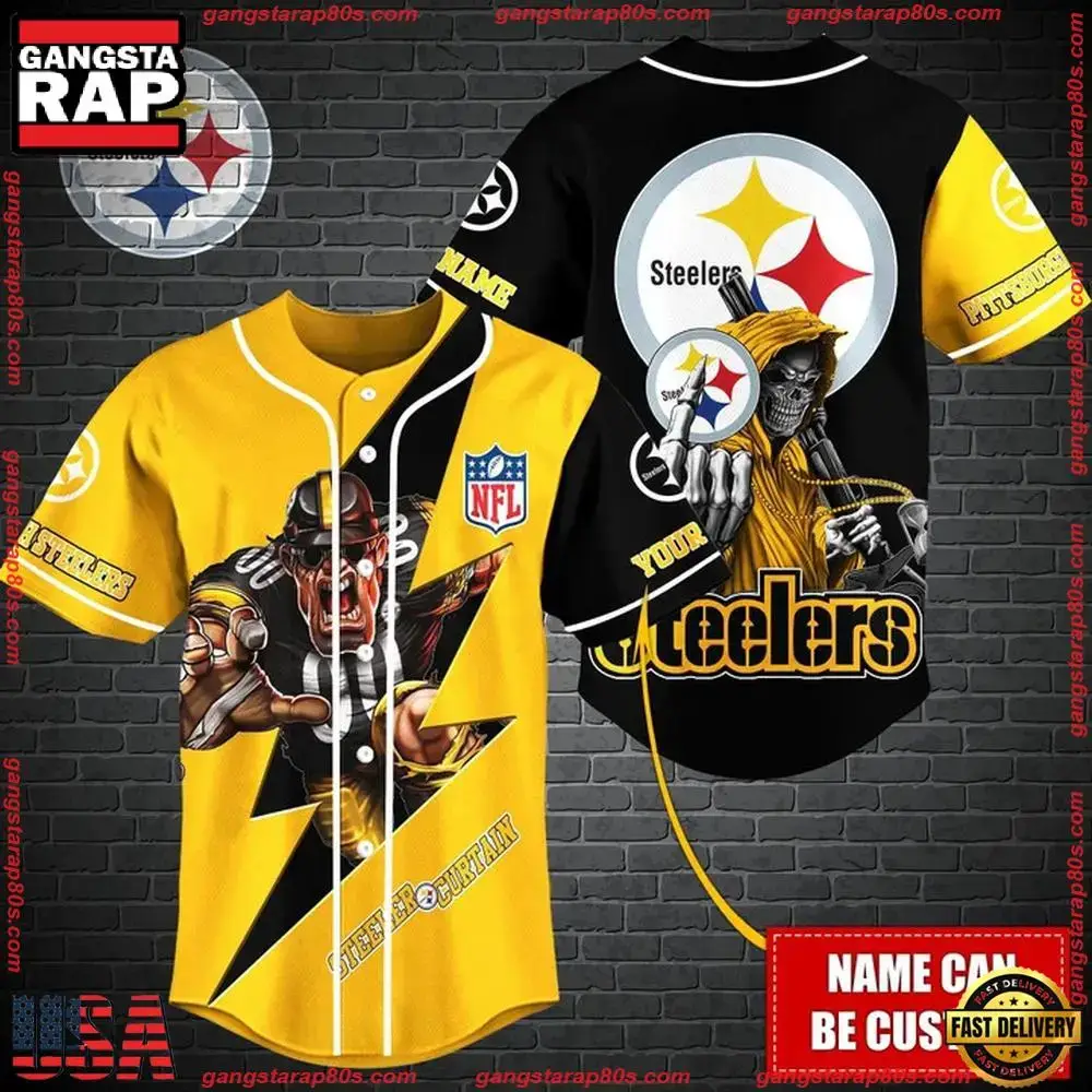 NFL Custom Name Pittsburgh Steelers Mascot And Skull New Design Baseball Jersey Image