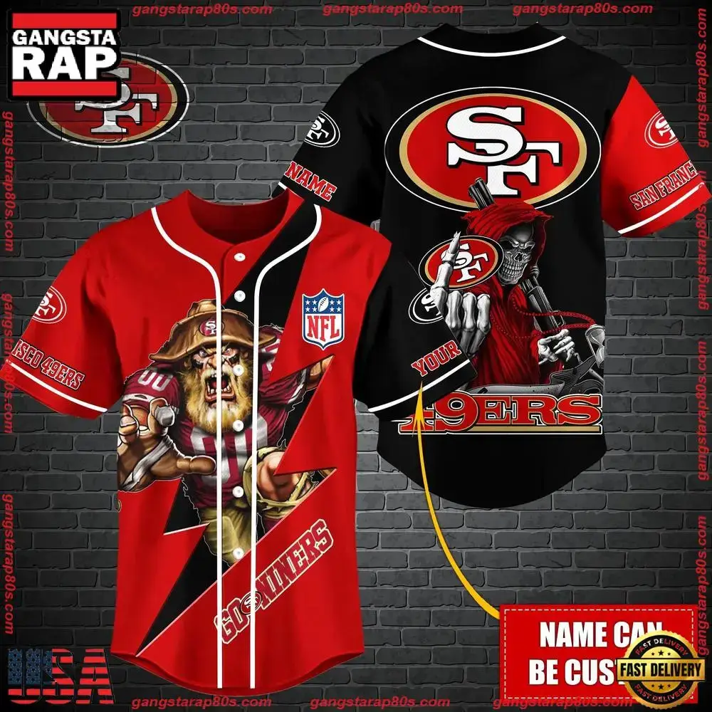 NFL Custom Name San Francisco 49ers Mascot And Skull New Design Baseball Jersey Image