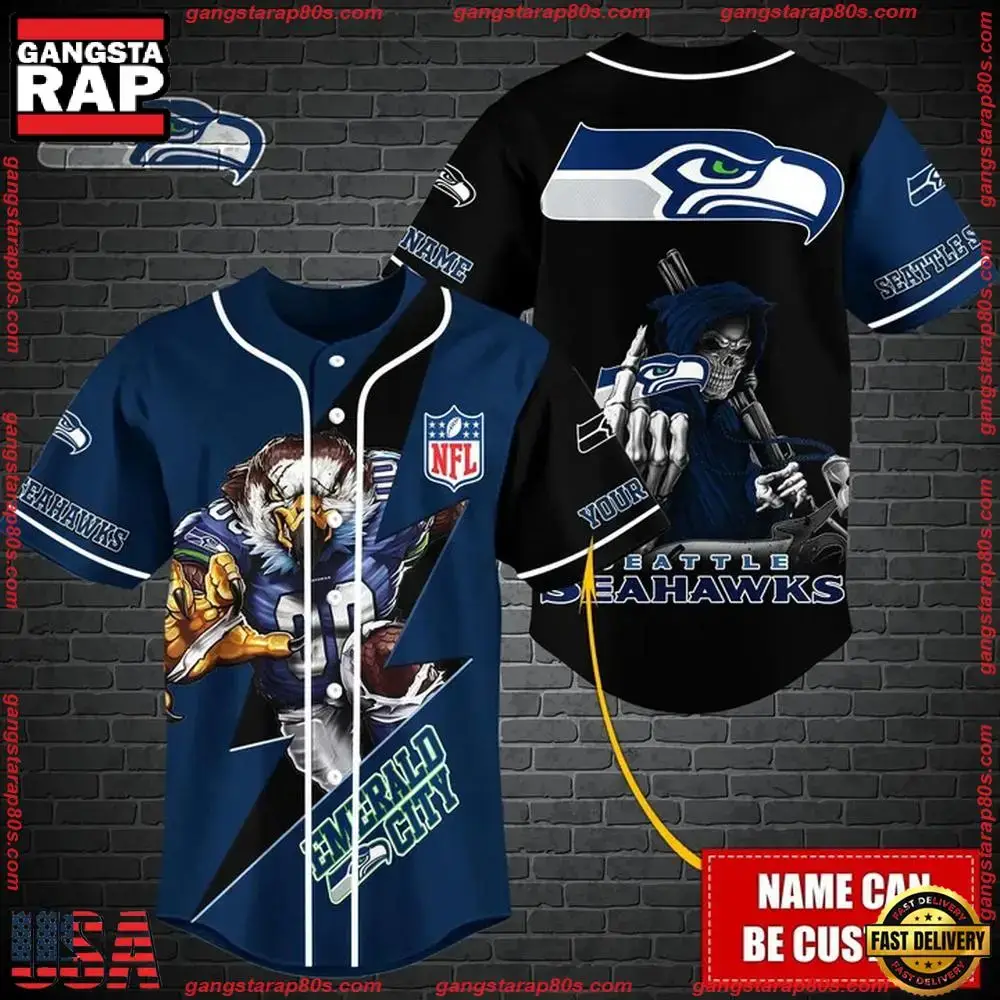 NFL Custom Name Seattle Seahawks Mascot And Skull New Design Baseball Jersey Image