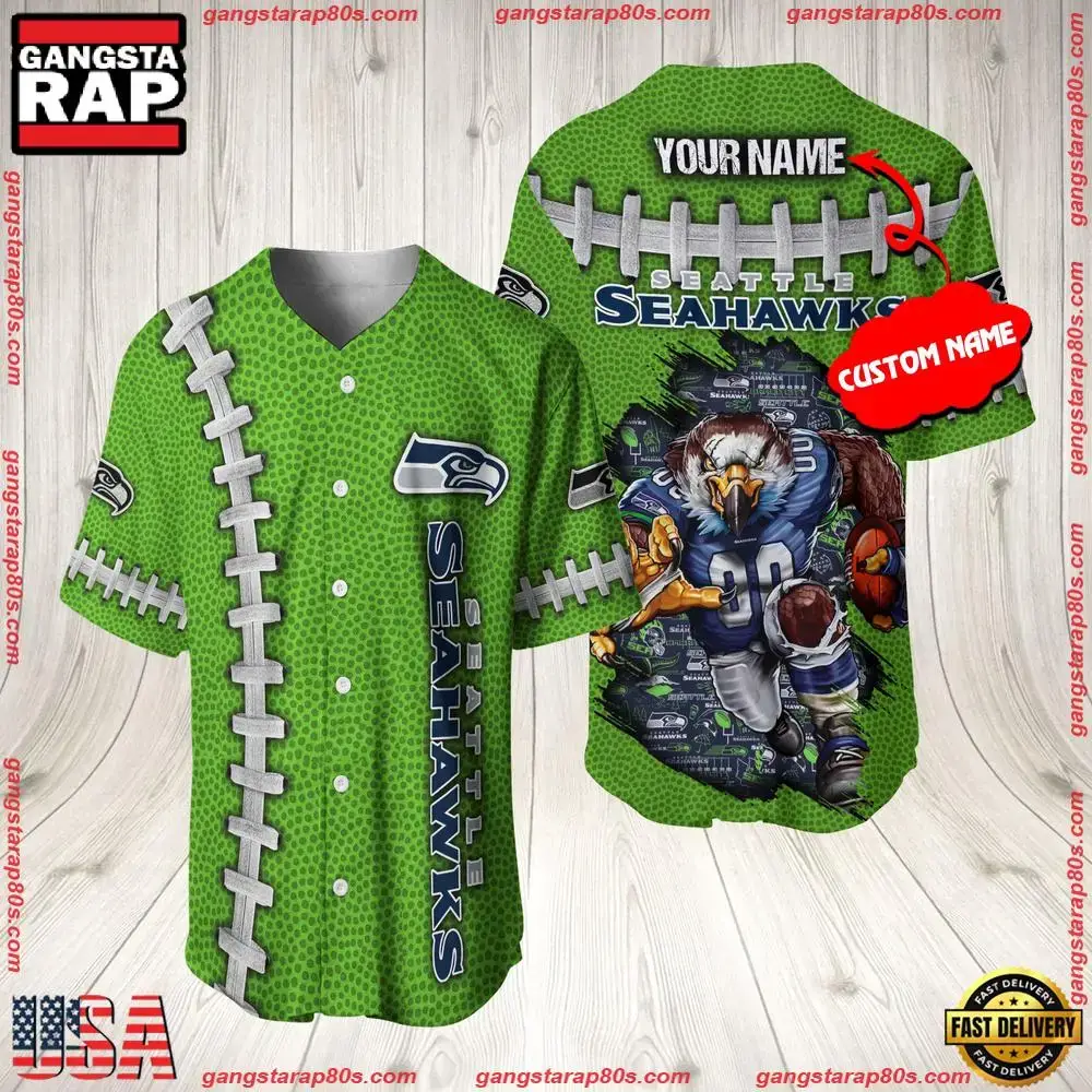 NFL Custom Name Seattle Seahawks Mascot Baseball Jersey Shirt Image