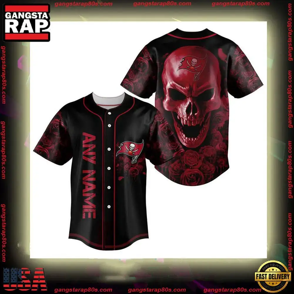 NFL Custom Name Tampa Bay Buccaneers Football Skull Baseball Jersey Shirt Image