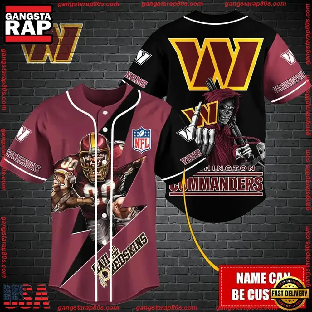 NFL Custom Name Washington Commanders Mascot And Skull New Design Baseball Jersey Image