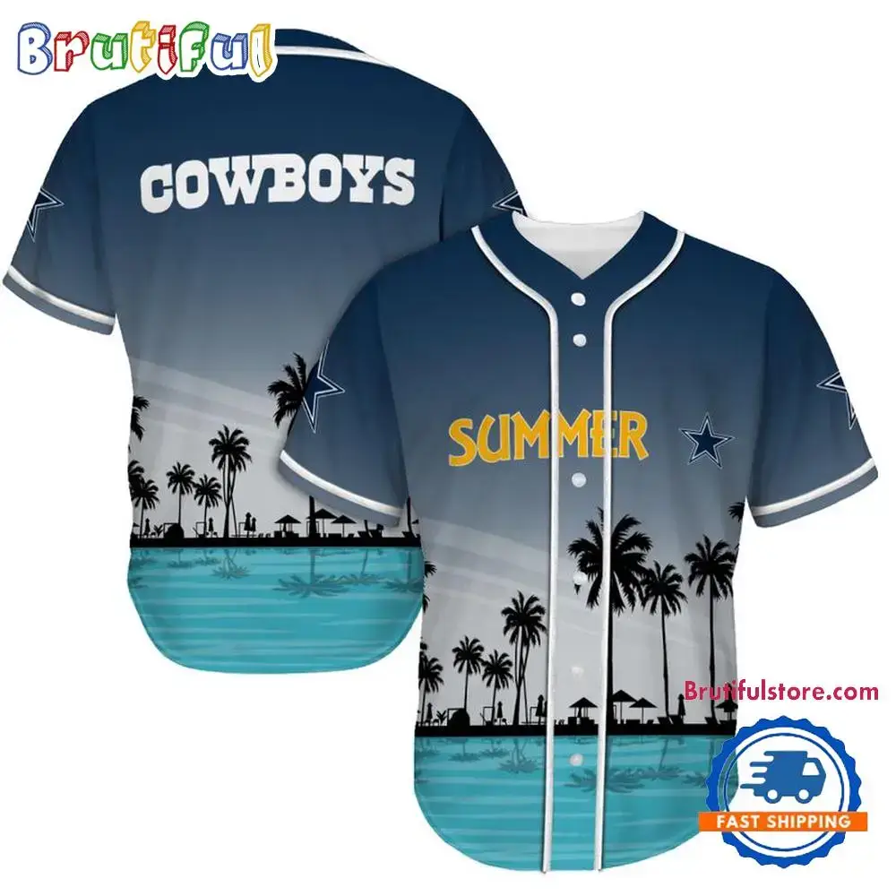 NFL Dallas Cowboys Palm Trees Summer On The Beach Baseball Jersey Image