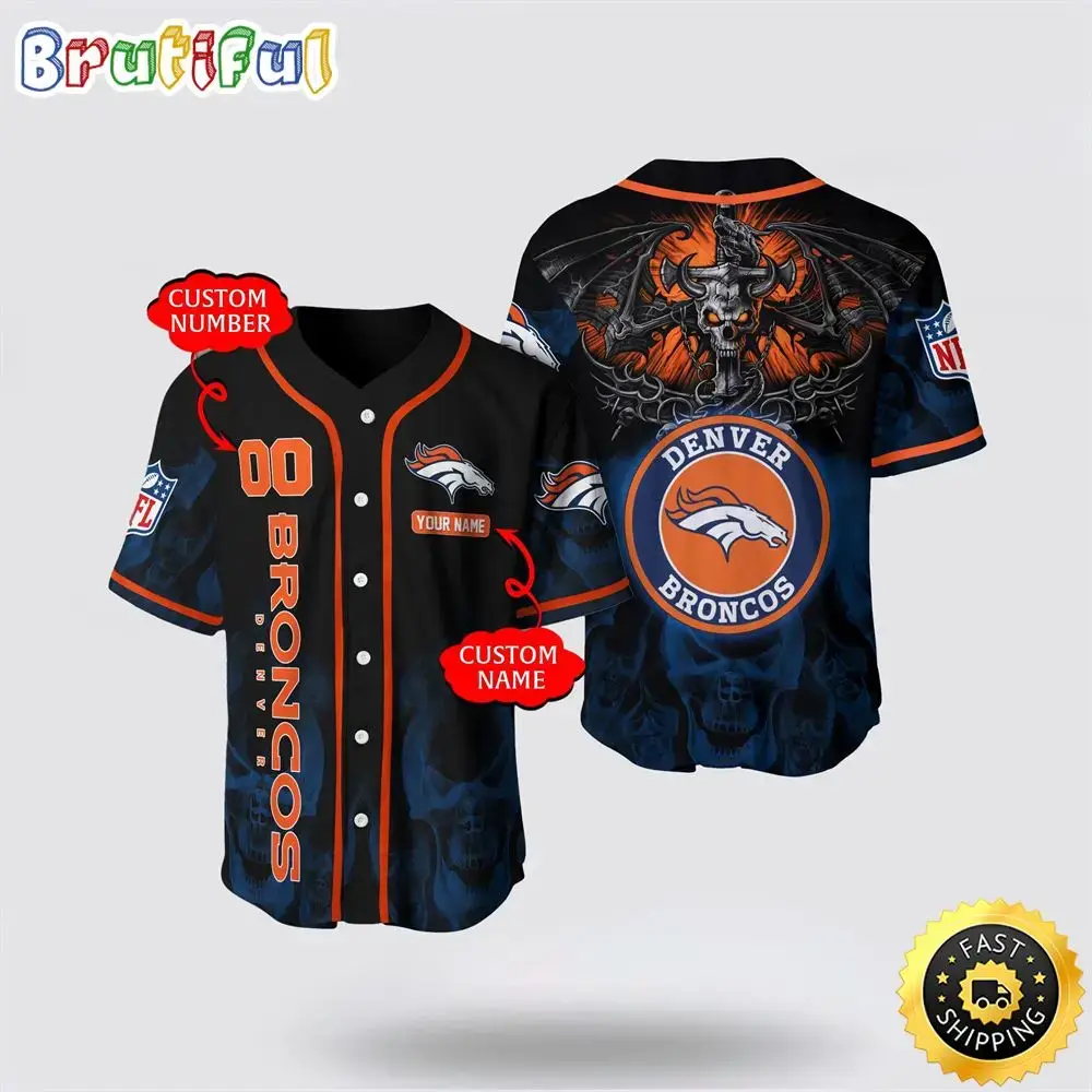 NFL Denver Broncos Baseball Jersey 3D Personalized Skull Customization Options Available Image