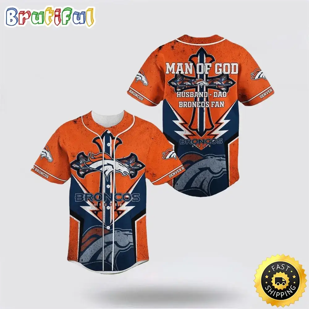 NFL Denver Broncos Baseball Jersey Symbol Man Of God Husband Dad Broncos Fan Orange Jersey Shirt Image