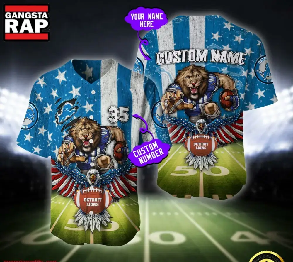NFL Detroit Lions Eagle US Flag x Veterans Custom Name Number Baseball Jersey Shirt Image