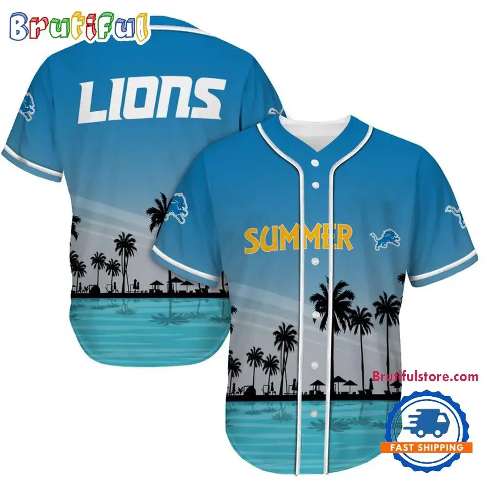 NFL Detroit Lions Palm Trees Summer On The Beach Baseball Jersey Image