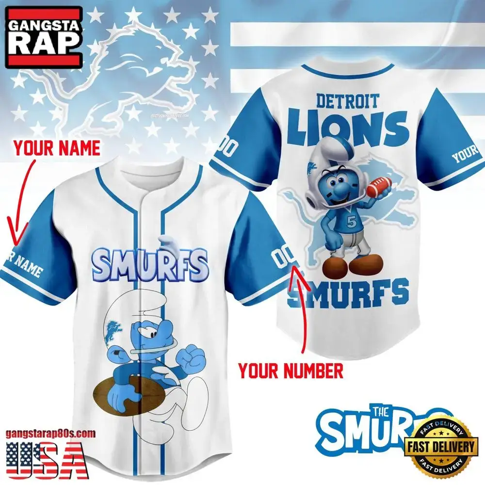 NFL Detroit Lions The Smurfs Movie Unique Design Custom Baseball Jersey Image