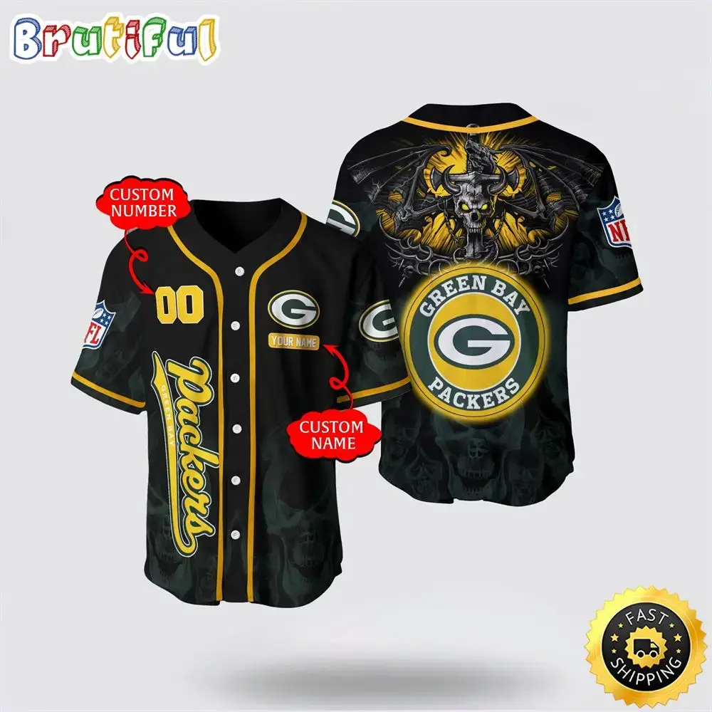 NFL Green Bay Packers Baseball Jersey 3D Personalized Skull Customization Options Available Image