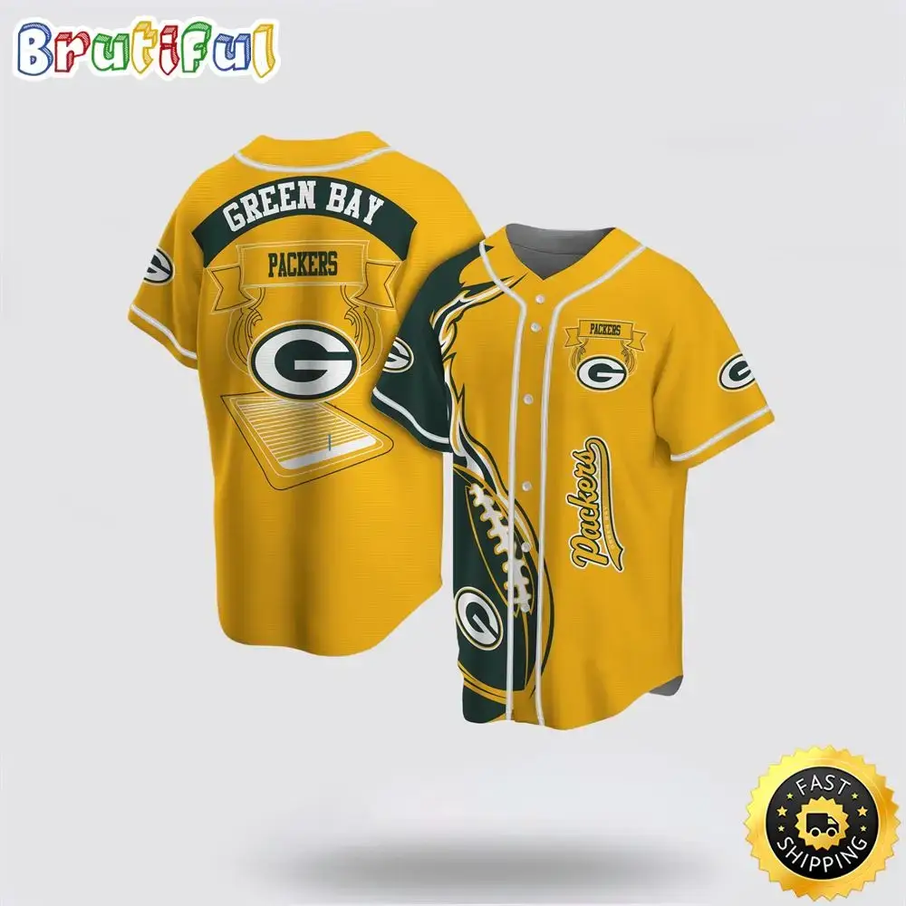 NFL Green Bay Packers Baseball Jersey Symbol Fire Rugby Ball Football Field Yellow Jersey Shirt Image