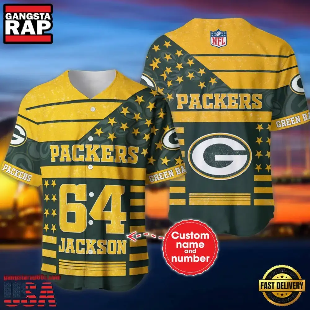 NFL Green Bay Packers Custom Name Number Name Number American Flag Baseball Jersey Shirt Image