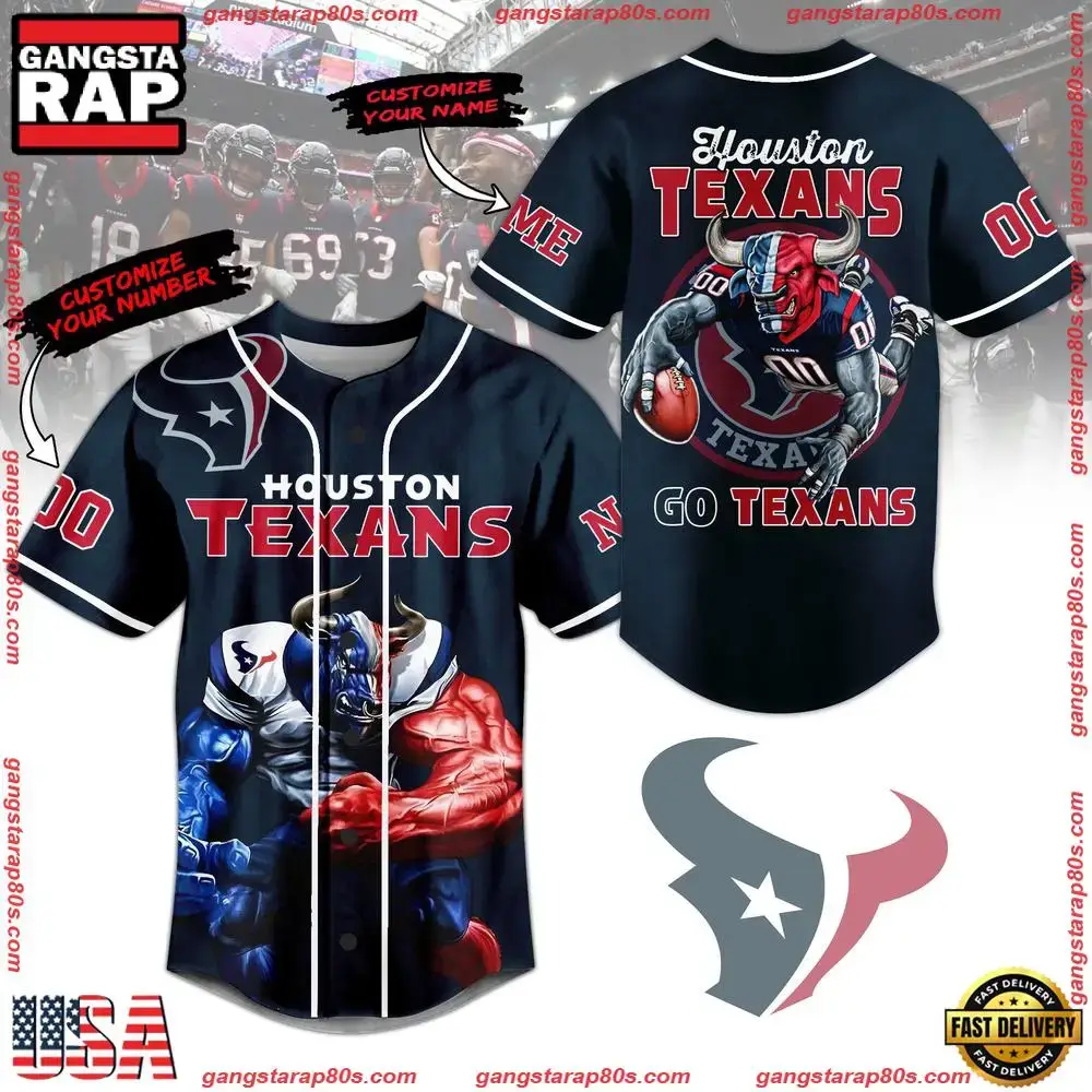 NFL Houston Texans Mascot Go Texans Custom Name Number Baseball Jersey Image
